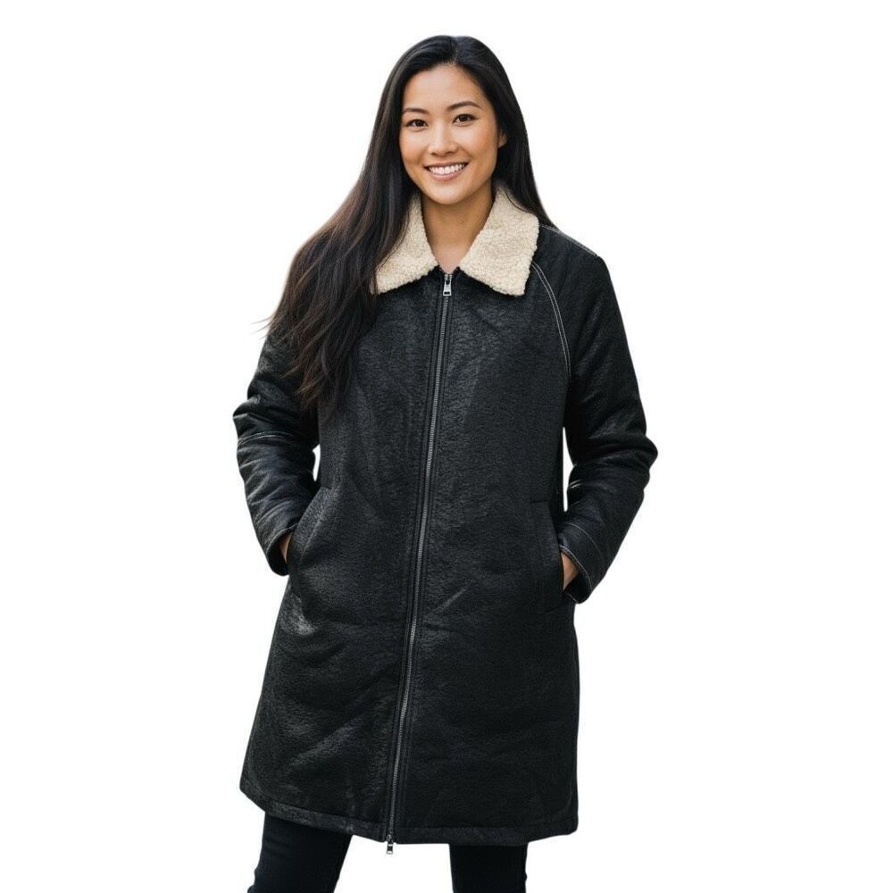 NWT THEKorner Black Faux Leather Faux Fur Mid Length Raglan Sleeve Texured Coat